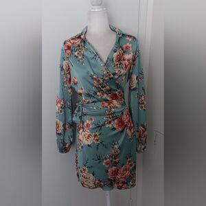 Elegant Floral Long Sleeve Dress in Teal and Peach